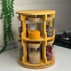 家庭用木製スパイスラック竹キッチン収納ラック2層回転トレイキャビネットスパイス収納ラック取り外し可能