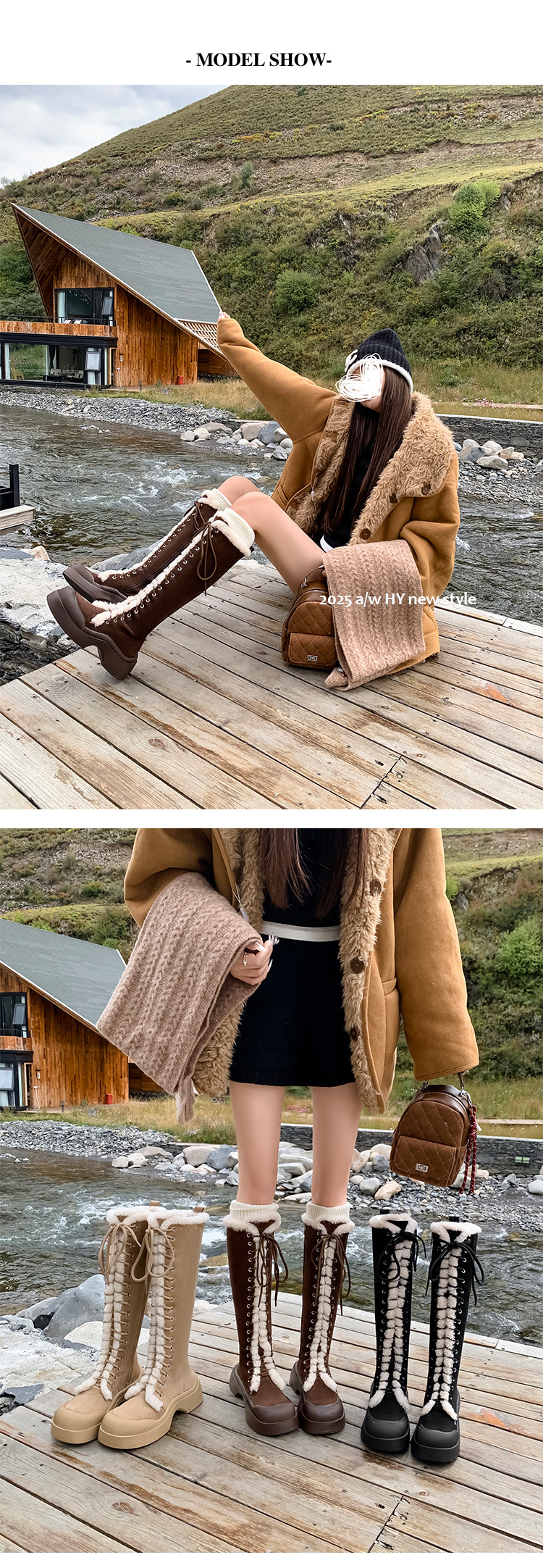 Boot nữ cổ cao lông dày ấm áp, dây buộc phong cách hiệp sĩ, đế chống trượt mùa đông — màu nâu chi tiết 9