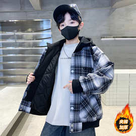 男童冬季夹棉外套2025新款大儿童装洋气加厚保暖格子连帽衬衣风衣