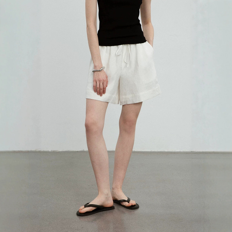 [High-Quality French Imported Rain Dew Linen] Summer Thin Style Old Money Style Elastic Waist A-Line Minimalist Drawstring Shorts