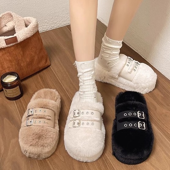 Niche High-end Fashion Baotou Maomao Slippers Women's Autumn and Winter 2024 New Outer Wear Belt Buckle Baotou Cotton Slippers
