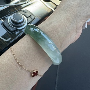 Myanmar Green Jadeite Bracelet, Waxy Ice Type, Floating Flower, Full Circle, Flat Strip, Tire Style, Oil Green Jadeite Treatment, Semi-Landscape