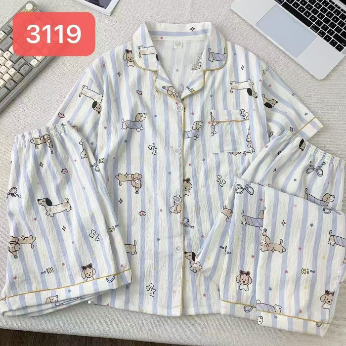 Comercio exterior nube transfronteriza algodón de tres piezas pantalones cortos de manga corta pantalones pijamas de verano ropa a domicilio rebeca de dibujos animados solapa