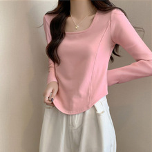 黑色修身显瘦方领打底衫女装外穿秋季2025新款不规则下摆长袖t恤