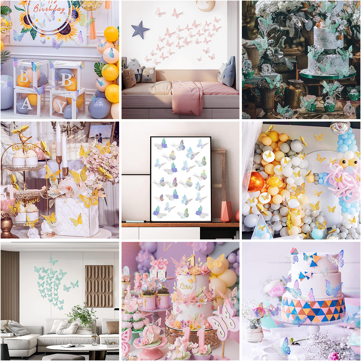 Fronteriza primavera mariposa fiesta decoración 3D pegatinas de mariposa cumpleaños de niños boda diseño pegatinas de pared al por mayor