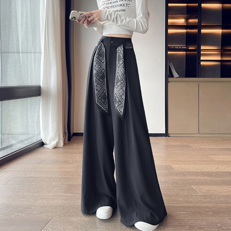 Silk Scarf Tie Suit Wide-Leg Pants for Women, New Spring Style Versatile Drapey Trousers, High-Waisted Slimming Suit Pants with a High-End Feel