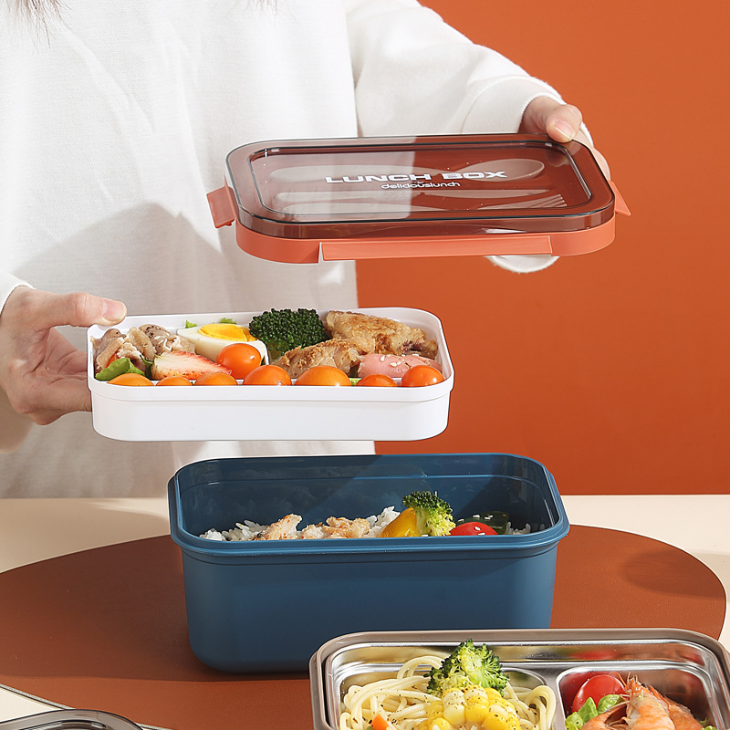 304 alumno de acero inoxidable caja de almuerzo casera PP caja de almuerzo ligera con cubiertos nórdicos caja de almuerzo picnic
