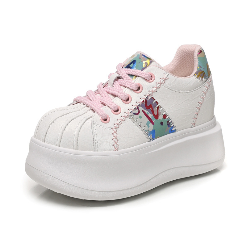 Giày sneaker nữ đế dày tăng chiều cao phong cách thể thao — Trắng hồng