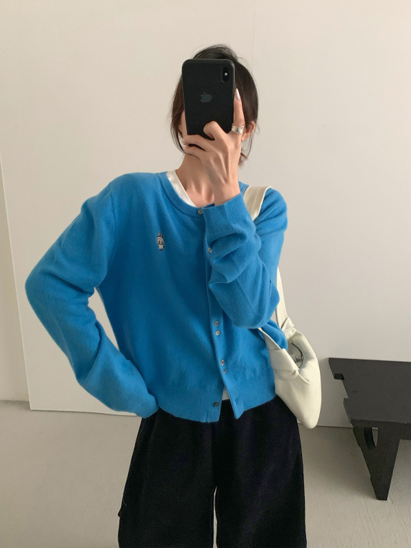 TG 韩系百搭卡通小刺绣羊毛针织系扣显瘦开衫女2025秋冬新款25780|undefined