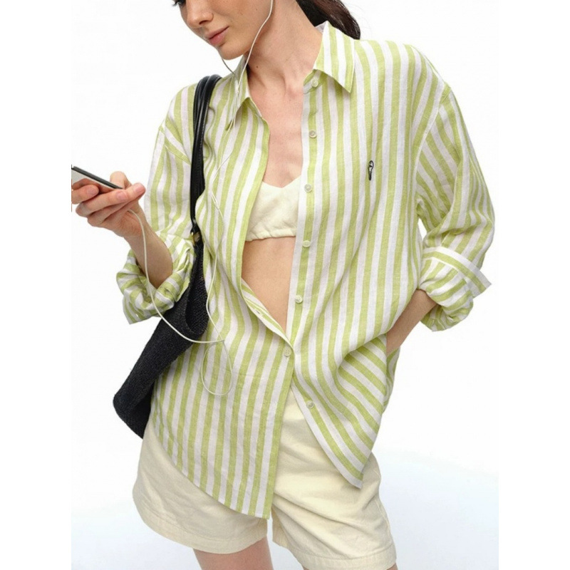 100% linen vertical striped shirt for women, long-sleeved, loose, casual, commuter shirt, sun protection top, jacket for summer 100% linen vertical striped shirt for women, long-sleeved, loose, casual, commuter shirt, sun protection top, jacket for summer