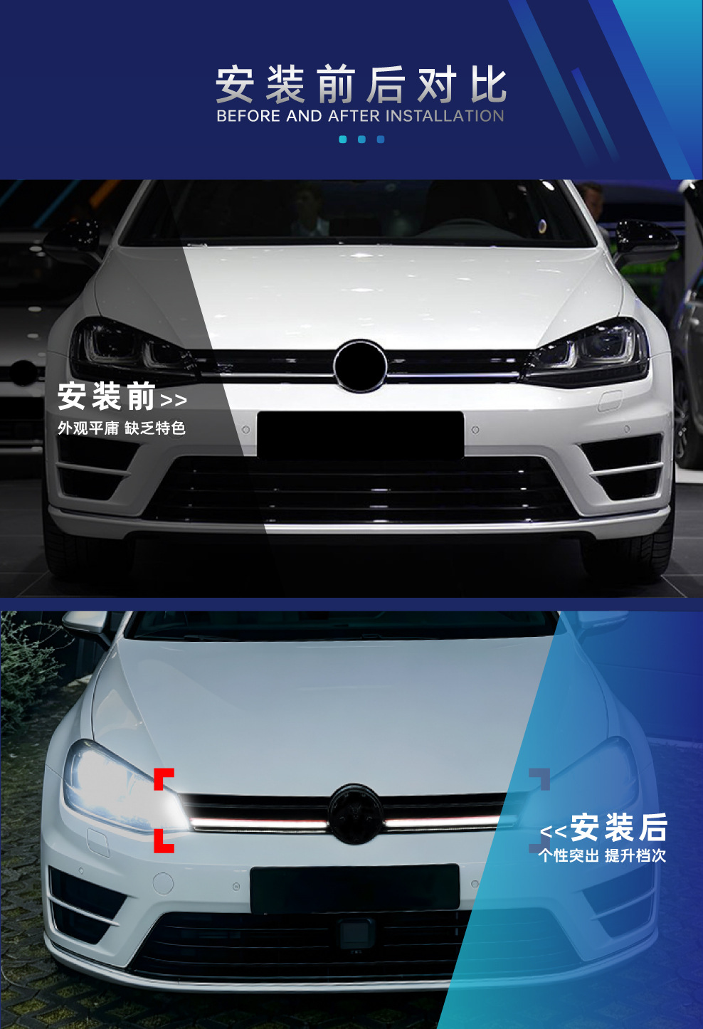 Suitable for Golf 7 MK7 2013-2016 R model honeycomb LED illuminated center grille modification