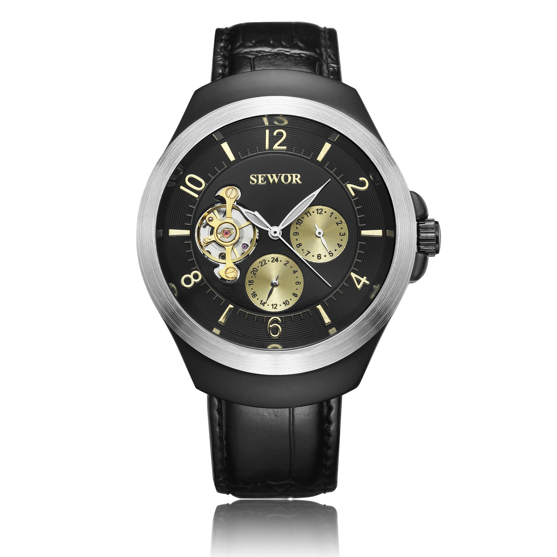 Sewor reloj mecánico automático hueco tourbillon cinturón moda hombres reloj multifuncional reloj mecánico 622