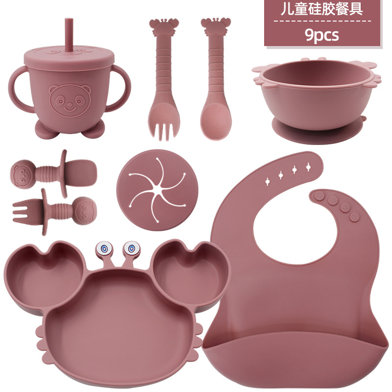 cubiertos de silicona para niños, platos de alimentación para bebés, cucharas de cangrejo, cuchillas de tenedor, bacon de nueve piezas, cubiertos de dibujos animados para bebés