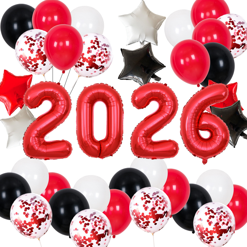Globo de aluminio digital rojo de 32 pulgadas con diseño de Año Nuevo 2026 para fiestas y reuniones anuales transfronterizas.