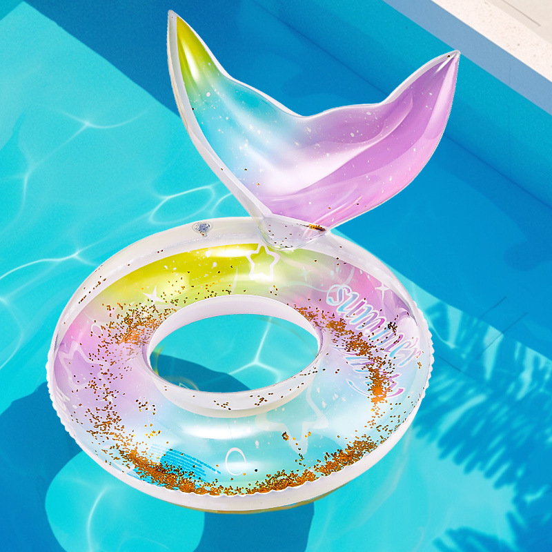Nuevo anillo de natación de cola de sirena anillo de polvo brillante anillo de natación de color rojo gradiente anillo de natación translúcido anillo de salvavidas para niños