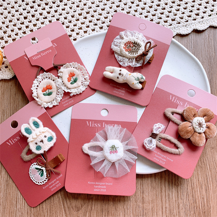 兒童森系蕾絲刺繡花朵髮夾發圈可愛女童卡通小兔發卡劉海側邊BB夾
