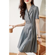 2023夏季新款女装韩版时尚气质学院风减龄百褶双排扣西装连衣裙女
