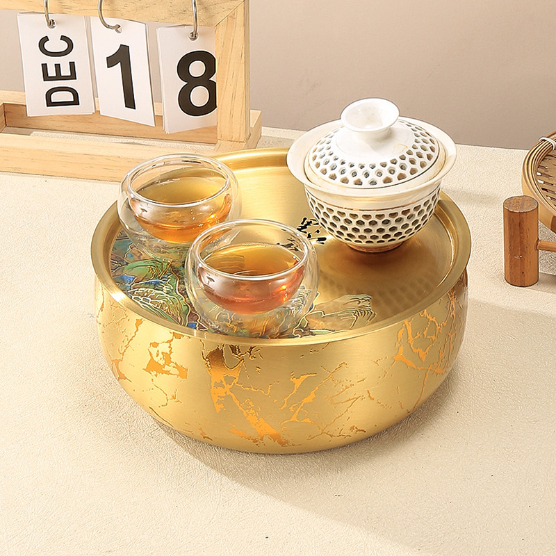 纯黄铜茶盘现代家用储水小茶台圆形功夫茶托干泡盘茶洗盘国潮风|undefined
