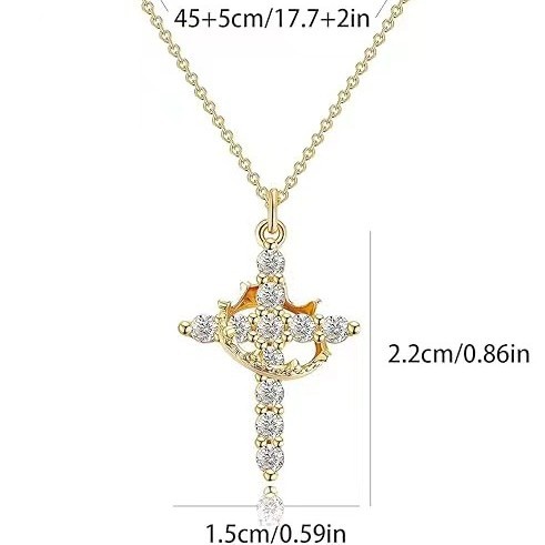 Rotating Crown Cross Necklace, Stainless Steel Chain Zircon Pendant Necklace_voghion.com