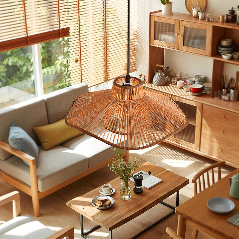 Lámpara Colgante de Estilo Japonés Wabi-Sabi Zen para Salón de Té, Lámpara Colgante de Paja de Cáñamo Hecha a Mano, Lámpara Colgante de Arte de Hoja de Loto para Restaurante