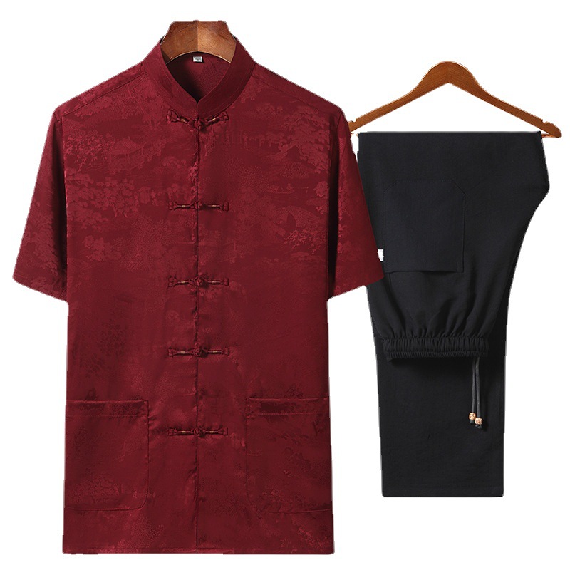 Tang Suit Men's Middle-aged and Elderly Short-sleeved Casual Summer Suit Dad Suit Grandpa Suit Han Suit Men's Half-sleeved Tang Suit Couple Suit