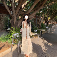高级感法式镂空长袖白色连衣裙女夏季新款收腰显瘦别致绝美长裙子
