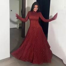 欧美跨境气质优雅连衣裙2025新款半高领长袖高级感蕾丝刺绣长裙女