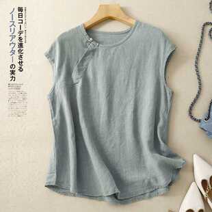 Actual Shot of 2025 Summer New Versatile Retro Fashion Solid Color Vest with Diagonal Placket New Chinese Style Cotton and Linen Vest
