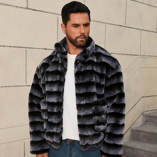 Men's Imitation Fur Jacket Autumn and Winter New Short Jacket Plush Zipper Short Men's Striped Jacket