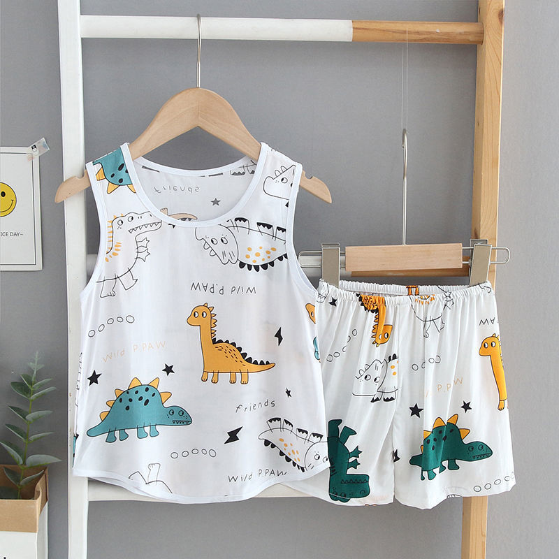 Summer Children's Home Clothes, Boys and Girls Thin Cotton Silk Vests, Kids' Summer Sleeveless Suits, Baby Cotton Silk Pajamas