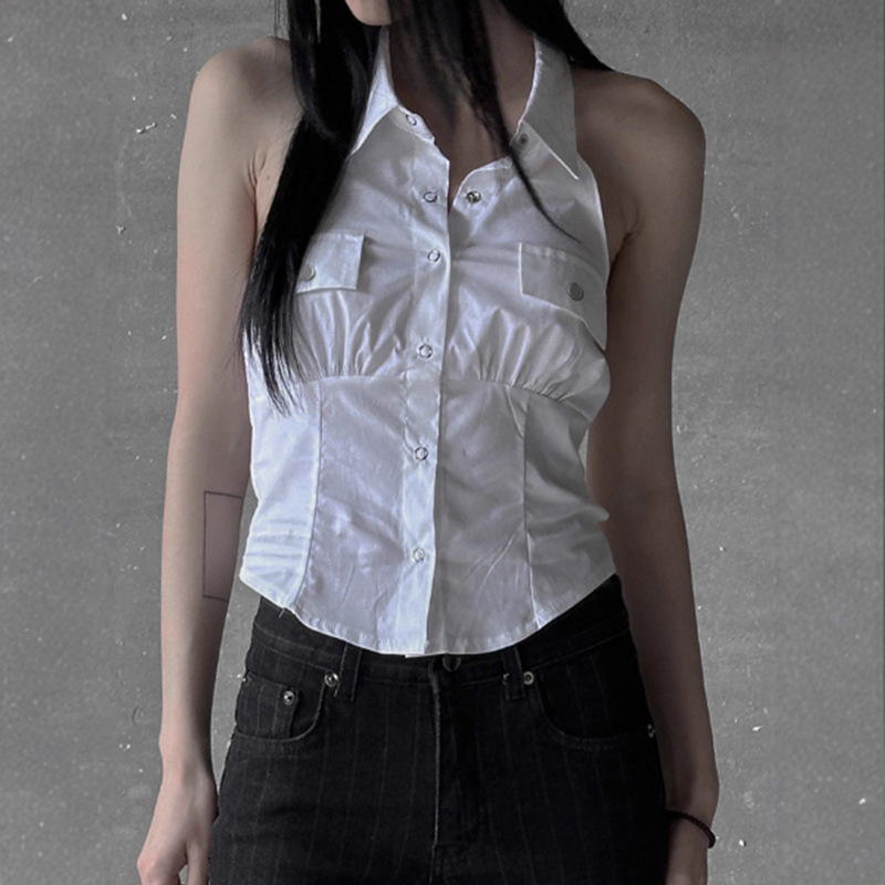 American Street Workwear Style Pocket Lapel Solid Color Sleeveless Top Women's Pleated Backless Buttoned Slim Shirt