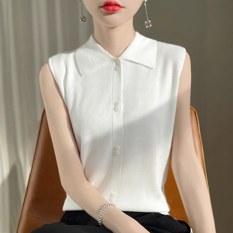 Wholesale Shirt Collar Sleeveless Vest Base Shirt for Women, Spring and Autumn Layering Pullover Knitted Lapel Vest Top