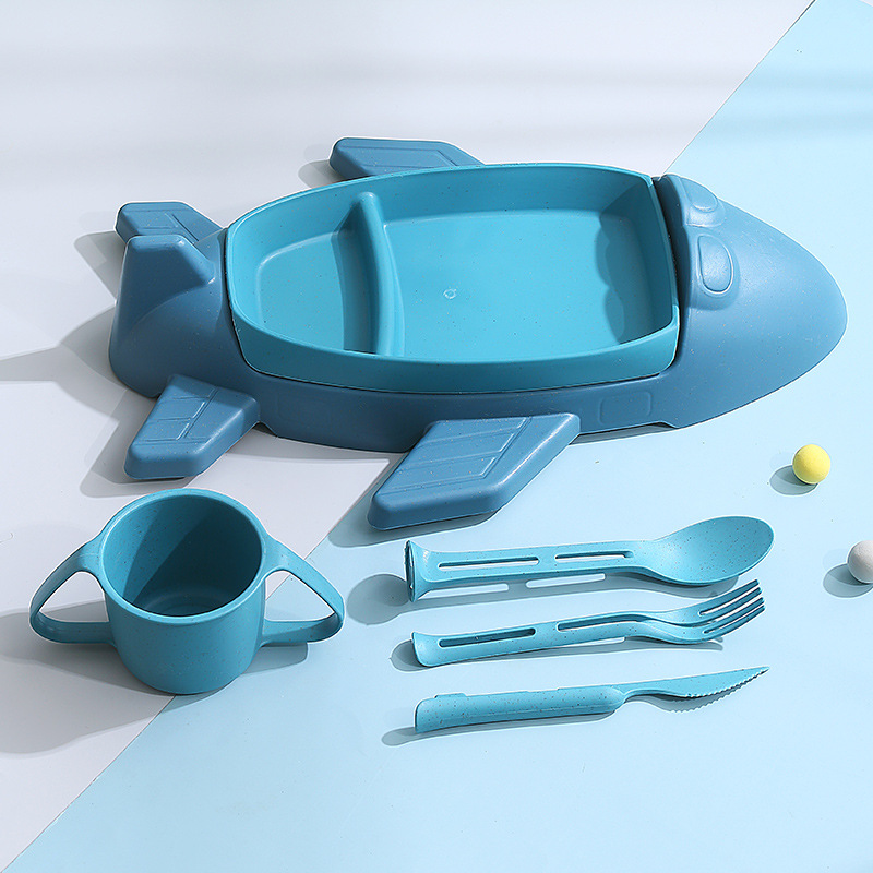 Plato de almuerzo de avión juego de seis piezas de dibujos animados de trigo jardín de infantes plato de comida para bebés vajilla de suplemento alimenticio para niños con taza, cuchillo, tenedor y cuchara image 9