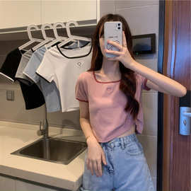 小个子方领t恤女2022夏季新款甜美温柔系短袖短款修身粉色上衣夏