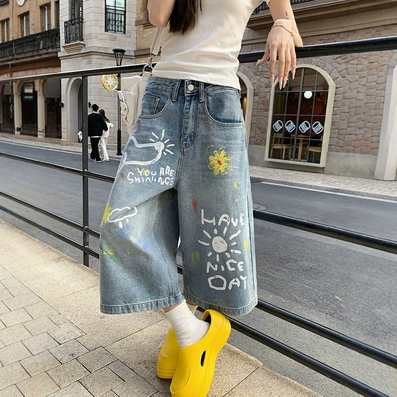 Summer lightweight American retro hand-painted graffiti denim cropped pants for women, loose fit, slimming, plus size, wide-leg mid-length pants Summer lightweight American retro hand-painted graffiti denim cropped pants for women, loose fit, slimming, plus size, wide-leg mid-length pants