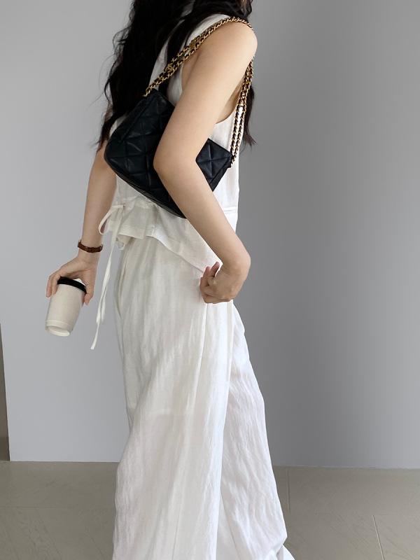 江左 老钱風 レディース 夏 高級感 リネンベストセット 女性用 夏 ワイドレッグパンツ ツーピースセット 8831|undefined