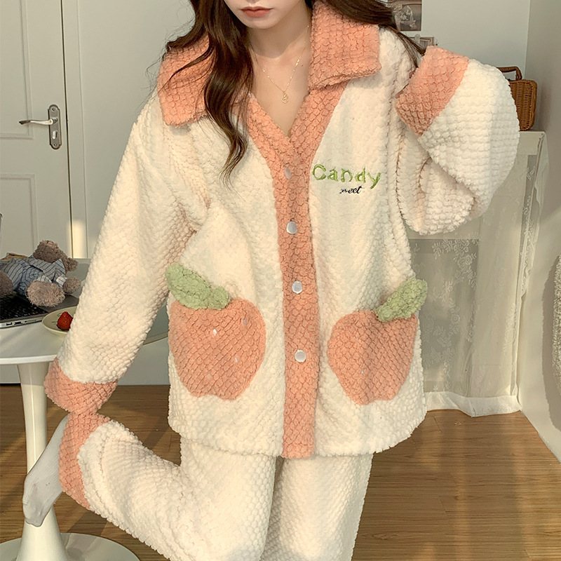 새로운 한국식 가을 겨울 달 세트 산후 간호 플란넬 임산부 파자마 두꺼운 산호 벨벳 수유 세트