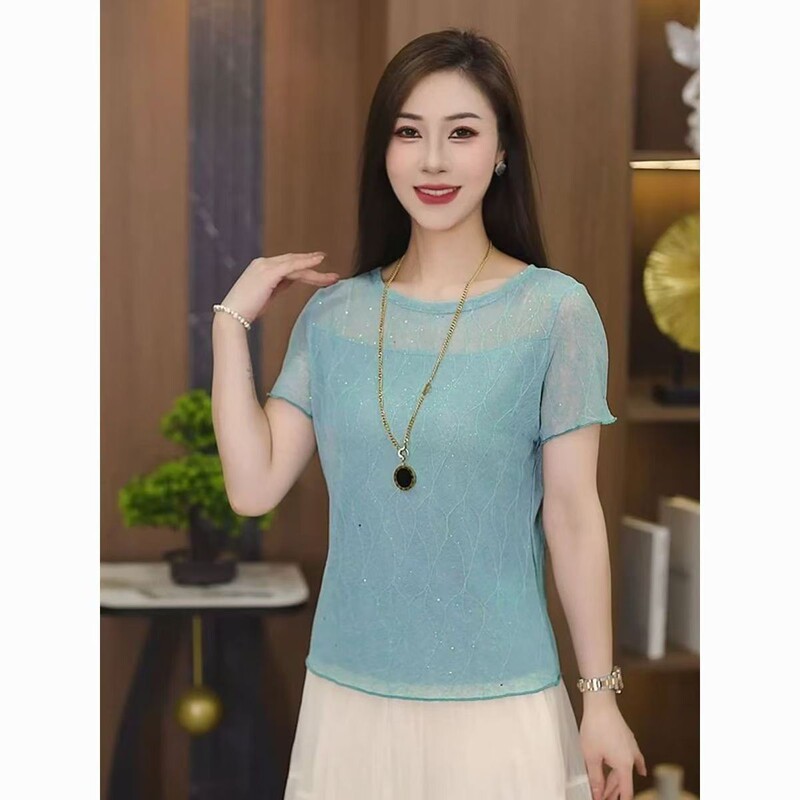French-Style Fine Glitter Sequin Design, Slightly Sheer Short-Sleeve Top That Hides the Body Shape and Makes You Look Slimmer, Lace-Trimmed T-Shirt, New Summer 2026 Model