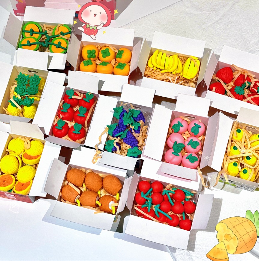 Nuevo juego de borrador de fruta de simulación, paquete expreso lindo, caja ciega de borrador de modelado divertido, limpia