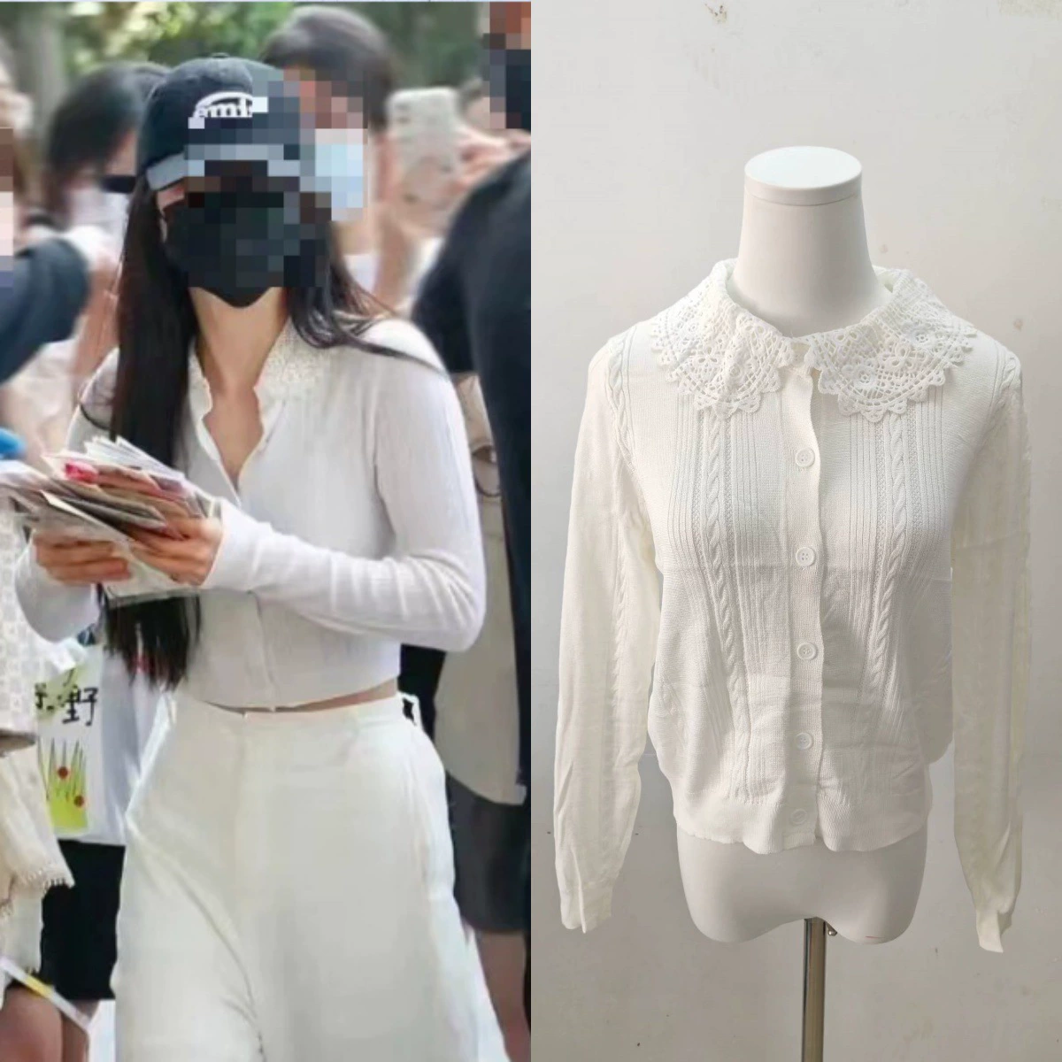 Чжао Луси с белым кружевным швом кукольный воротник короткий длинный рукав свитер Кардиган Топ осень-зима