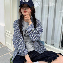 2025新款法式蓝色格子长袖衬衫外套女装宽松秋季薄款防晒衬衣上衣