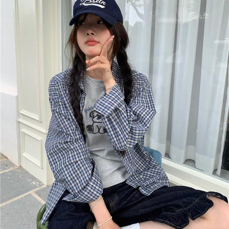 2025新款法式蓝色格子长袖衬衫外套女装宽松秋季薄款防晒衬衣上衣|undefined