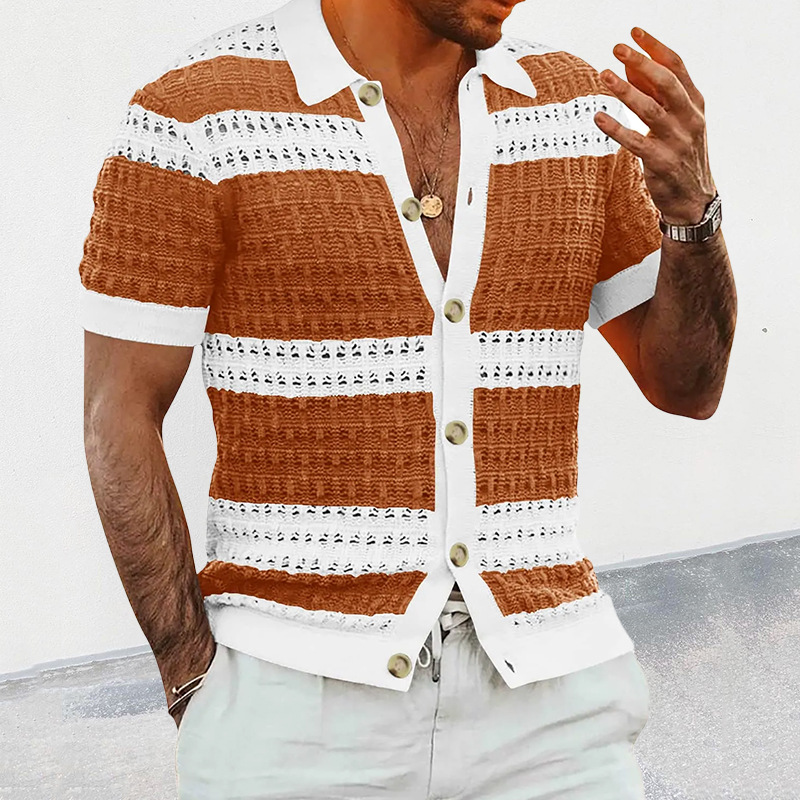 Men's Knit Shirt With Turn-down Collar And Color Block Design_voghion.com