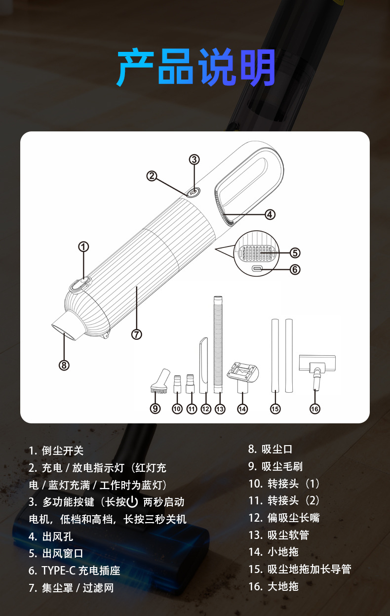 Car Vacuum Cleaner Portable Handheld Household Car Vacuum Cleaner 20000Pa Strong Suction High Power Vacuum Cleaner V12S