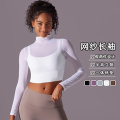 Cross-border sexy mesh long-sleeved half-high collar yoga wear fake two-piece one-cup sports bra running fitness top