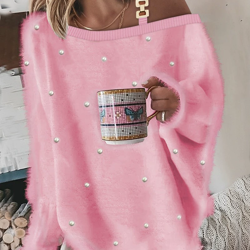 Розовый цвет ко Дню святого Валентина 2025 года. Европейская и американская женская мода. Хит продаж на Amazon: европейский и американский меховой свободный топ с V-образным вырезом.