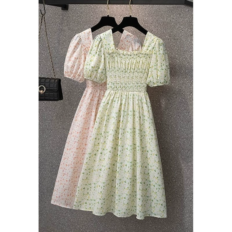 Женское летнее платье больших размеров, облегающее талию, длинное платье с квадратным вырезом, цветочное платье для полных женщин, мятные пышные рукава мамбо, короткие рукава, для похудения.