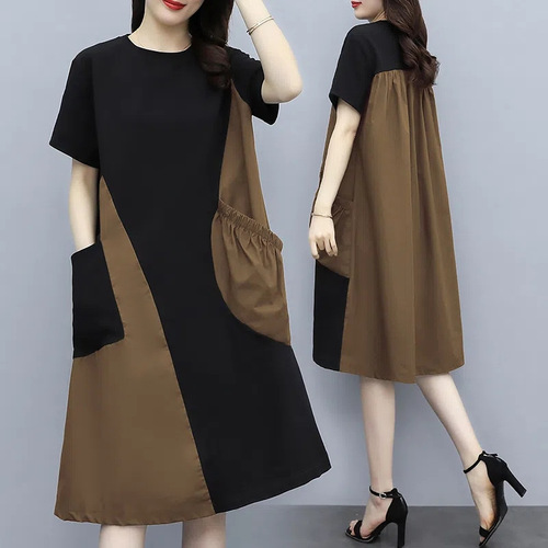 Color-block Spliced Short-Sleeve Dress for 2025 Summer, Plus-Size, Loose Fit, Slimming, Stylish & Age-Defying Design—Perfect for Covering the Belly