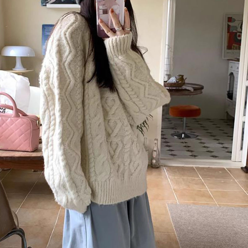 日系复古麻花套头毛衣女秋冬加厚宽松慵懒风软糯显瘦短款针织上衣
