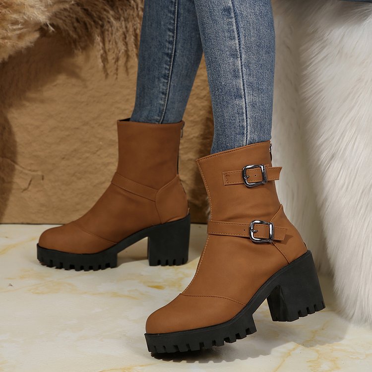 Big size thick heel boots women's autumn and winter fashion belt buckle explosive short boots cotton boots fashion boots_voghion.com